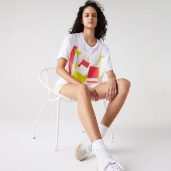 Lacoste Art-Print Pamut T-Shirt Fehér | vBzVYsbF