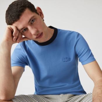 Lacoste Crewneck Relaxed Fit Textured Pamut T-shirt Kék Sötétkék Kék | kHLIHkIr