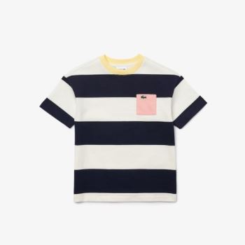 Lacoste Crewneck Rugby Striped Pamut T-shirt Fehér Sötétkék Kék | iNsxSfeI