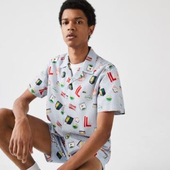 Lacoste Hawaiian Print Pamut Shirt Kék Fehér | 4rIXsqDA