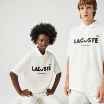 Lacoste LIVE Loose Fit Branded Pamut Piqué Polo Shirt Fehér Fekete | rORg70E2