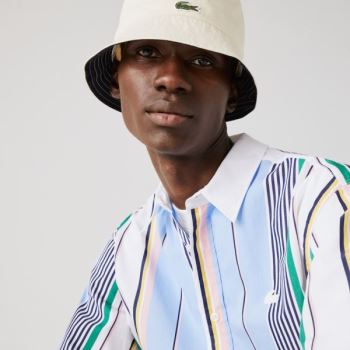 Lacoste LIVE Relaxed Fit Mismatched-Stripe Pamut Shirt Kék Fehér | GBtcwOrb