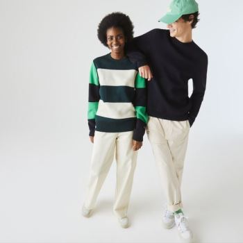 Lacoste LIVE Reversible Pamut Pulóver Sötétkék Kék Fehér | UREGXFXJ