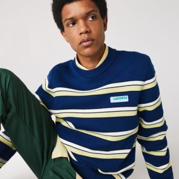 Lacoste LIVE Striped Pamut Crew Neck Pulóver Kék Fehér | FHLj7zS5