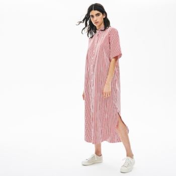 Lacoste LIVE Striped Pamut Maxi Ruha Fehér Piros | 9VmYkOG2