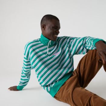 Lacoste LIVE Striped Stand-Up Collar Pamut Sweatshirt Zöld Fehér | y1HrppHj