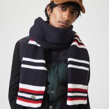 Lacoste Made in France Striped Ribbed Rectangular Wool Scarf Sötétkék Kék Fehér Piros | 2rGVofhX