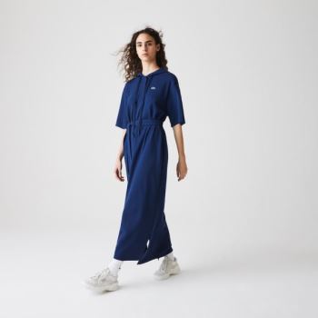 Lacoste Oversized Csuklyás Organic Pamut Piqué Polo Ruha Sötétkék Kék | KANoPnWv