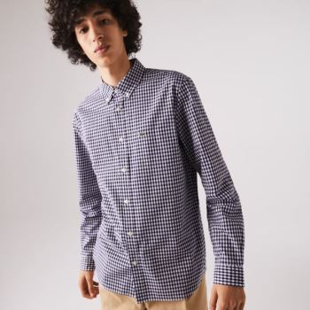 Lacoste Regular Fit Gingham Pamut Poplin Shirt Fehér Sötétkék Kék | X95NWGdw