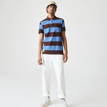 Lacoste Regular Fit Striped Pamut Piqué Polo Shirt Barna Kék | IBQUv8cE