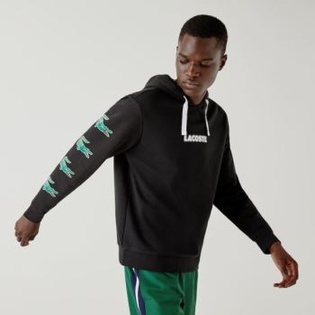 Lacoste SPORT Crocodile Print Csuklyás Pamut Sweatshirt Fekete | cWtuLIYX