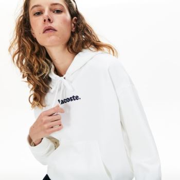 Lacoste Signature Széles Cipő Csuklyás Fleece Sweatshirt Fehér | TskfCUGV