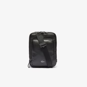 Lacoste Soft Matte Full-Grain Bőr Lapos Crossbody Bag Fekete | ZqdLLEa9