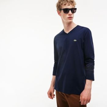 Lacoste V-neck Soft Pamut T-shirt Sötétkék Kék | As16yUIw