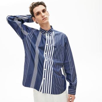 Lacoste Variegated-Stripe Relaxed Pamut Shirt Sötétkék Kék Fehér | s8s5jRuH