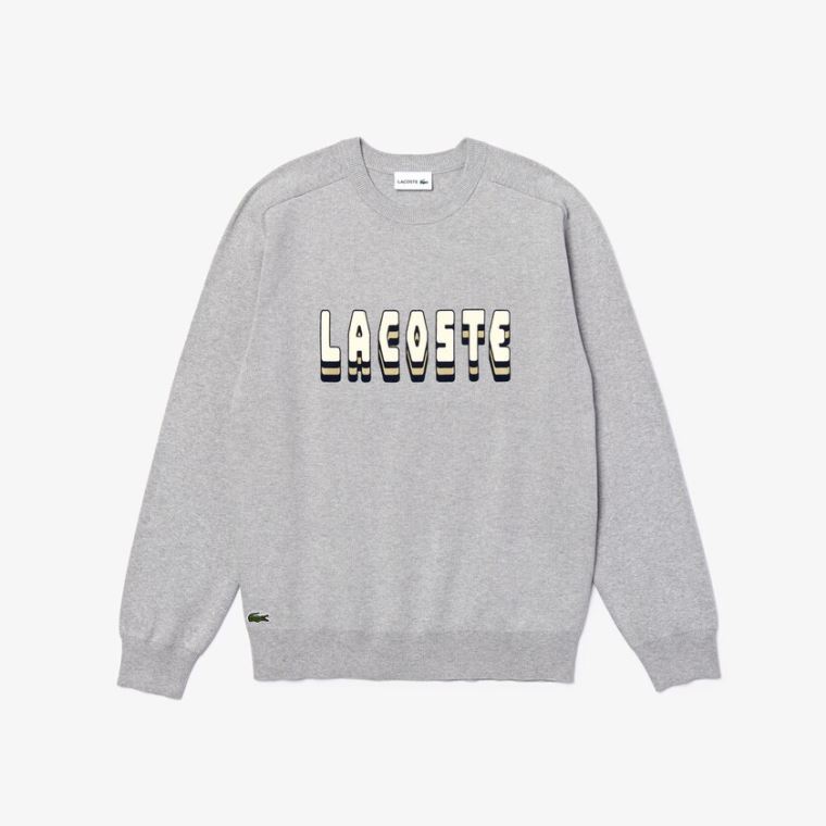 Lacoste 3D-Lettering Crewneck Pamut Blend Pulóver Szürke | UHDcXDNP