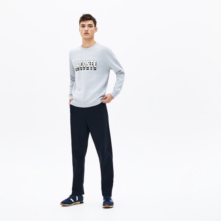 Lacoste 3D-Lettering Crewneck Pamut Blend Pulóver Szürke | UHDcXDNP