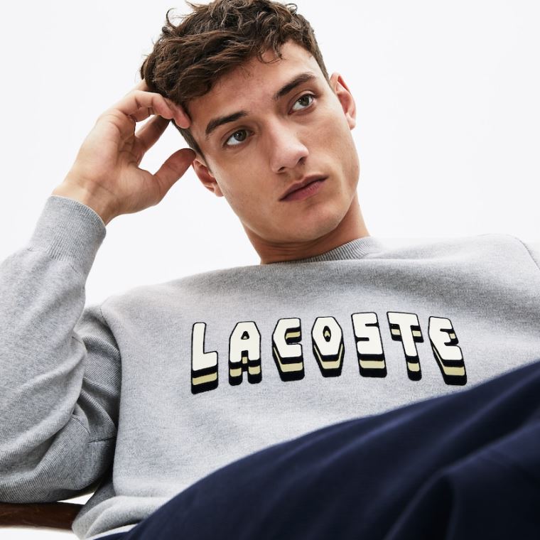 Lacoste 3D-Lettering Crewneck Pamut Blend Pulóver Szürke | UHDcXDNP