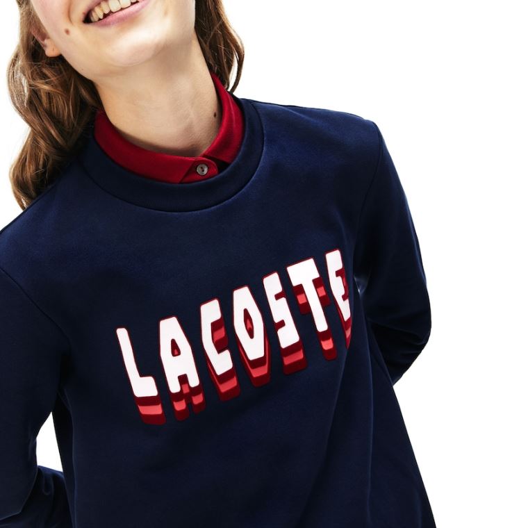 Lacoste 3D-Lettering Fleece Sweatshirt Ruha Sötétkék Kék | 58DxO3so