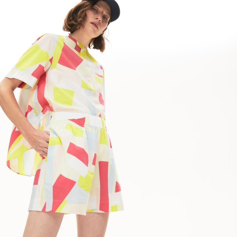 Lacoste Abstract-Print Pamut Blend Blouse Sárga Fehér | t85EsaW6