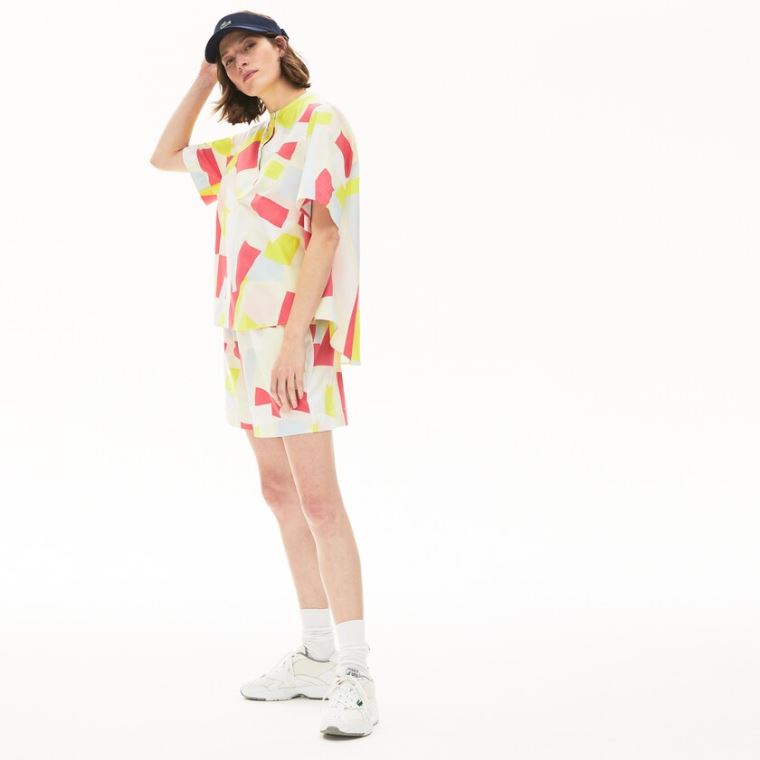 Lacoste Abstract-Print Pamut Blend Blouse Sárga Fehér | t85EsaW6