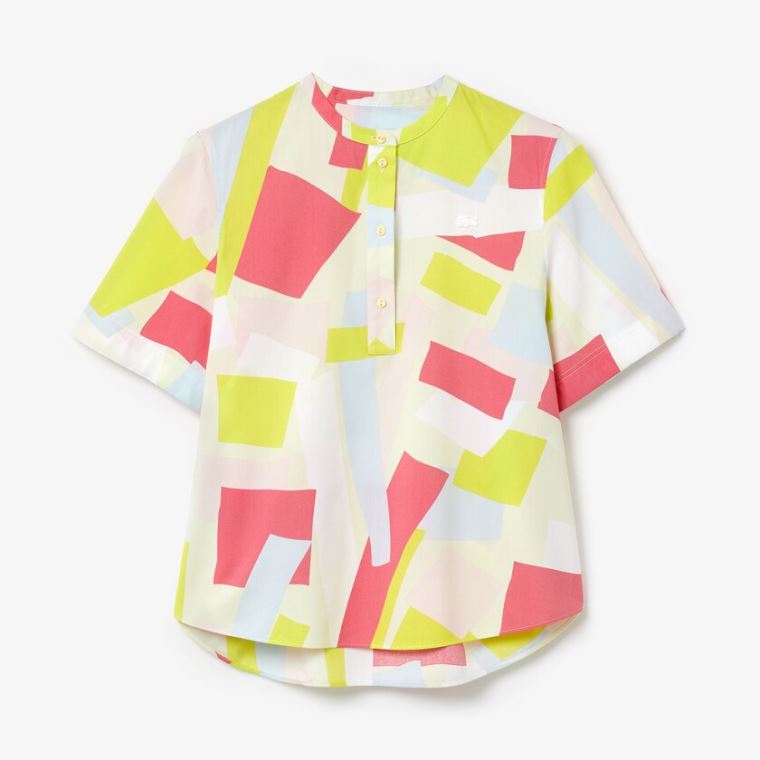 Lacoste Abstract-Print Pamut Blend Blouse Sárga Fehér | t85EsaW6