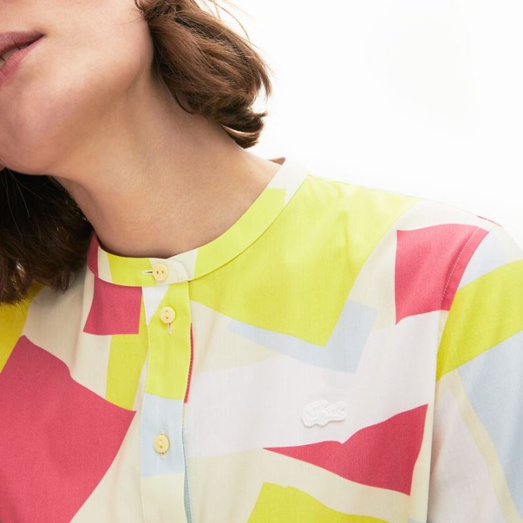 Lacoste Abstract-Print Pamut Blend Blouse Sárga Fehér | t85EsaW6