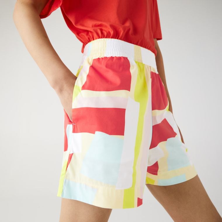 Lacoste Abstract-Print Pamut Poplin Shorts Sárga Fehér | wDNn38MJ