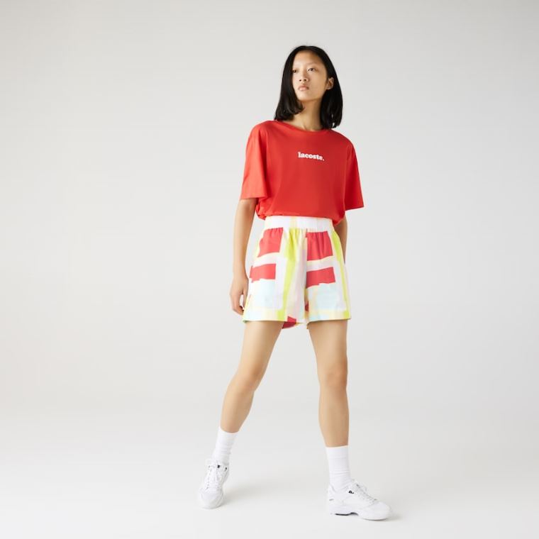 Lacoste Abstract-Print Pamut Poplin Shorts Sárga Fehér | wDNn38MJ