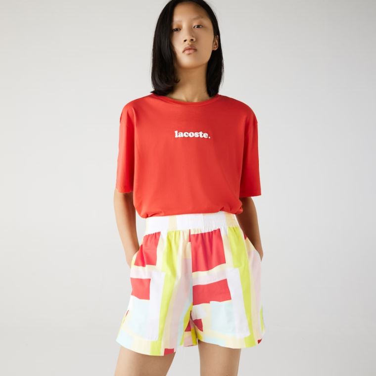 Lacoste Abstract-Print Pamut Poplin Shorts Sárga Fehér | wDNn38MJ