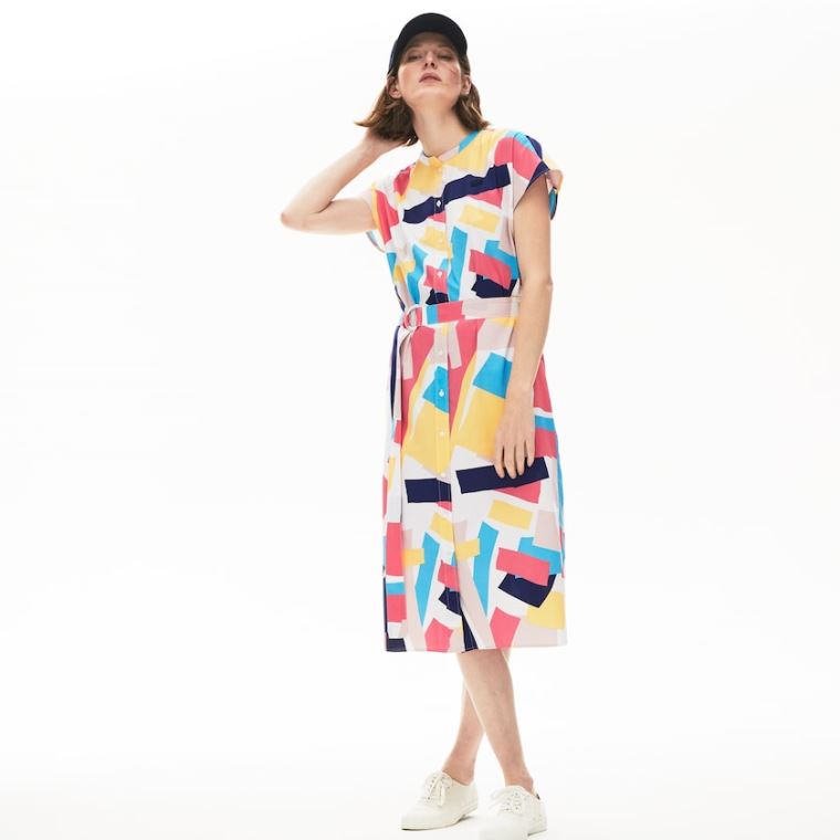 Lacoste Abstract-Print Shirtdress Fehér | ipCDC6b3