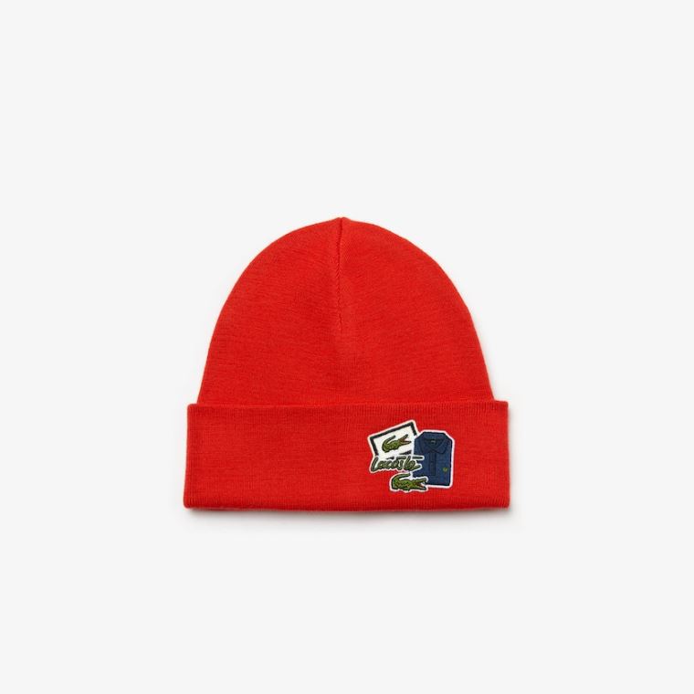 Lacoste Badge Ribbed Wool Beanie Piros | iH1HRLkA