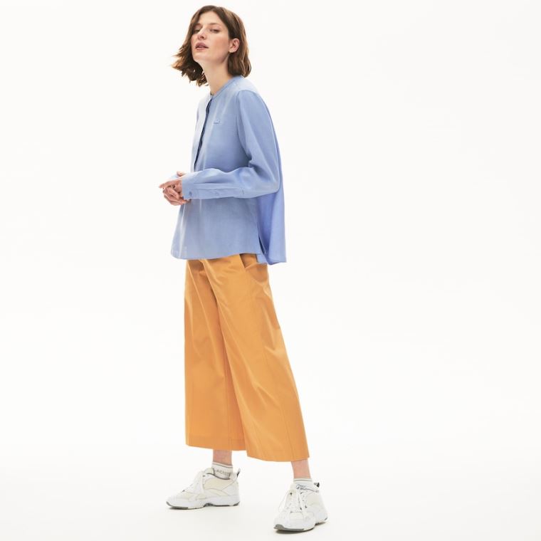 Lacoste Buttoned Mao Collar Linen Blouse Lila | xVqwIGfp