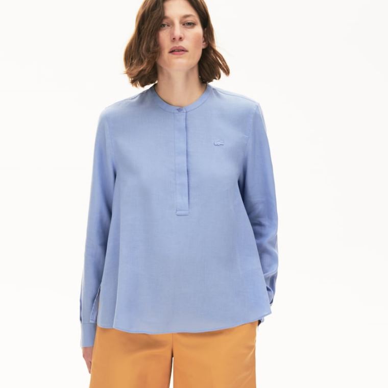 Lacoste Buttoned Mao Collar Linen Blouse Lila | xVqwIGfp