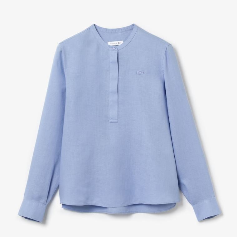 Lacoste Buttoned Mao Collar Linen Blouse Lila | xVqwIGfp