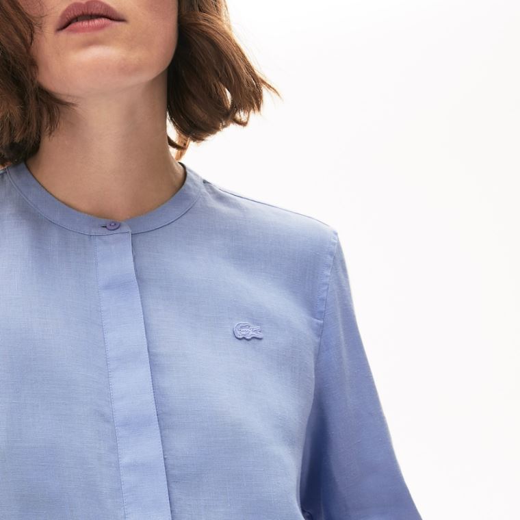 Lacoste Buttoned Mao Collar Linen Blouse Lila | xVqwIGfp