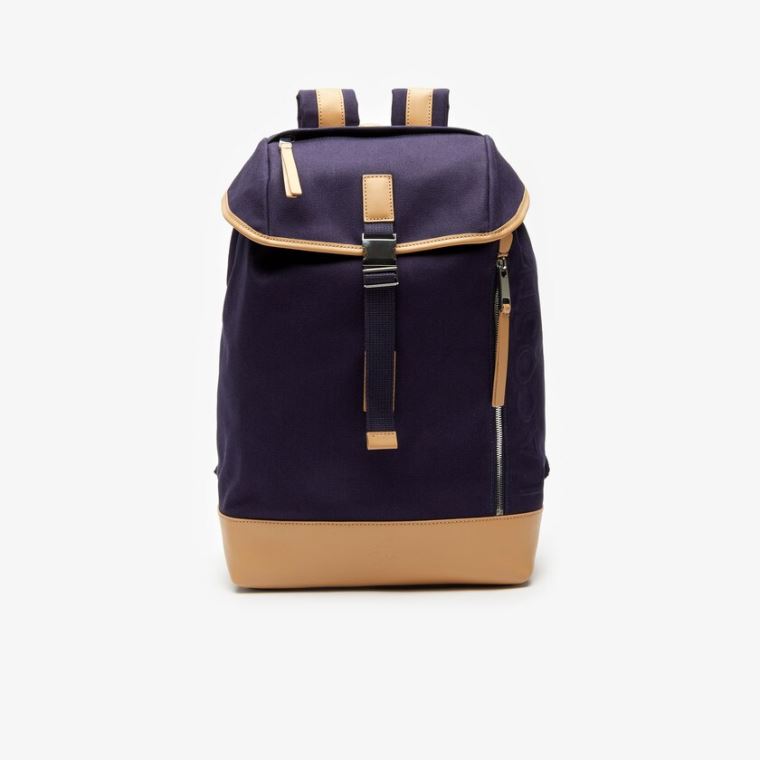 Lacoste Bőr Finishes Pamut Flap Backpack Sötétkék Barna | bfuLkq2N