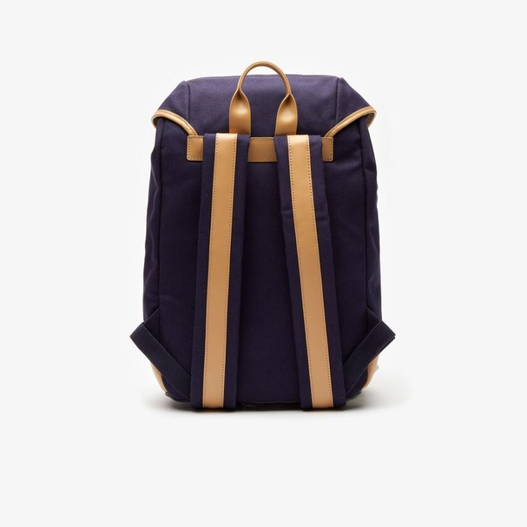 Lacoste Bőr Finishes Pamut Flap Backpack Sötétkék Barna | bfuLkq2N