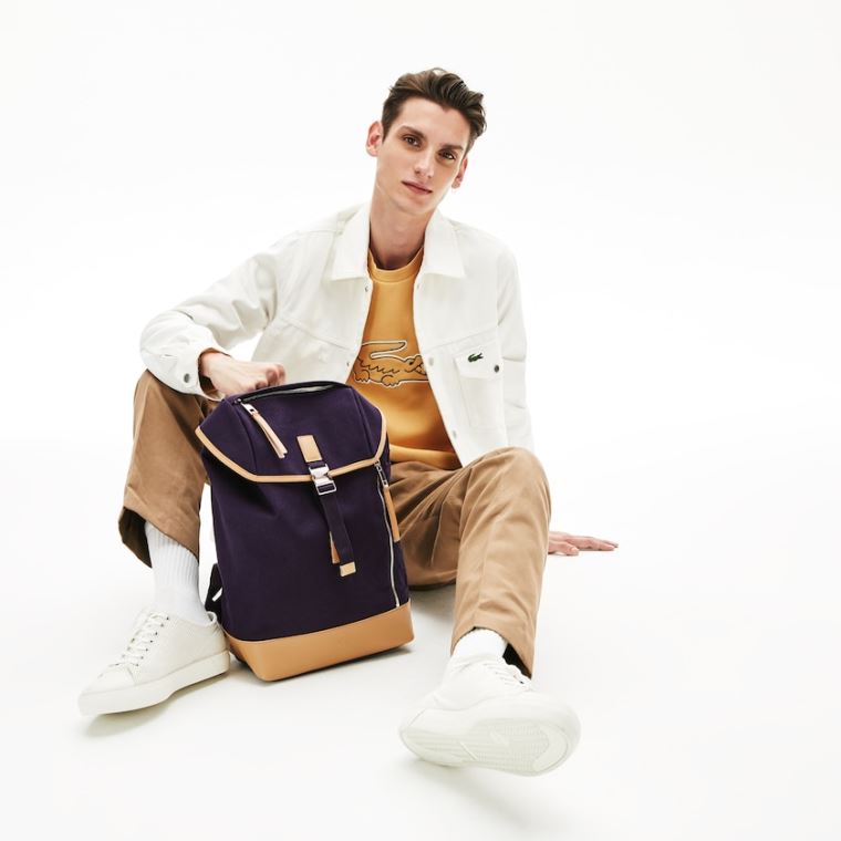 Lacoste Bőr Finishes Pamut Flap Backpack Sötétkék Barna | bfuLkq2N