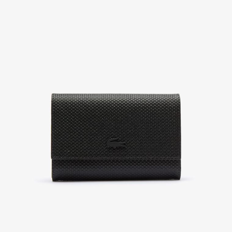 Lacoste Chantaco Matte Piqué Bőr Snap Flap Wallet Fekete | RztubloX