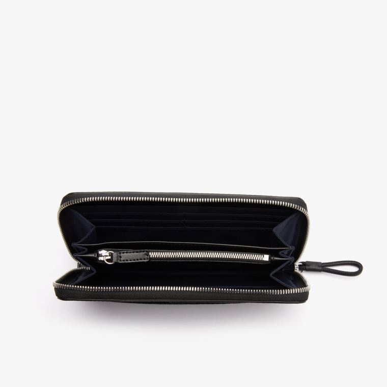 Lacoste Chantaco Matte Piqué Bőr Zip Wallet Fekete | rAZ42Gfl