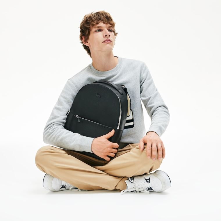 Lacoste Chantaco Soft Bőr Zip Backpack Fekete | dMdeZqrm