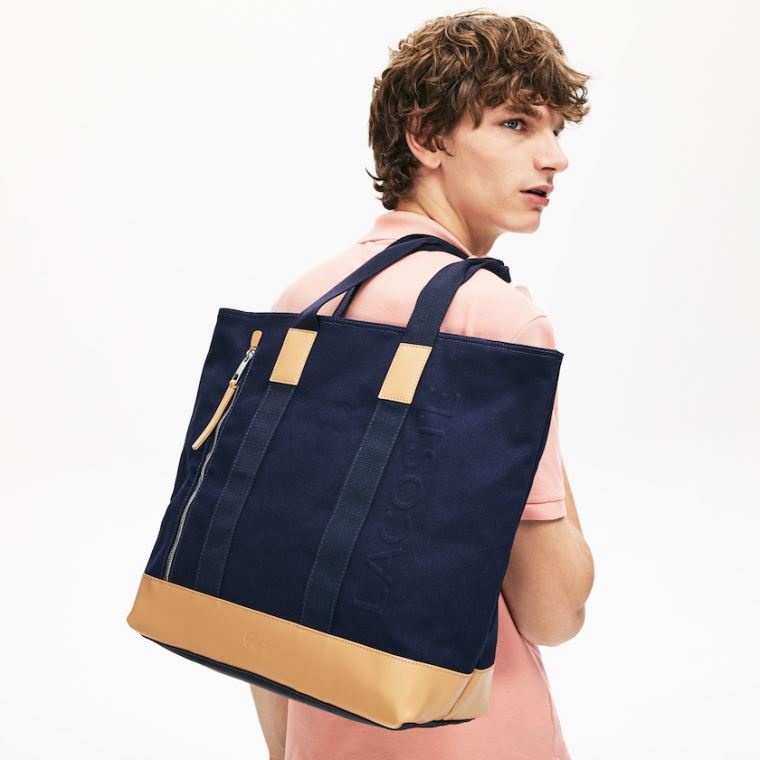 Lacoste Classic Bőr and Vászon Tote Bag Sötétkék Barna | IbAWYqR0