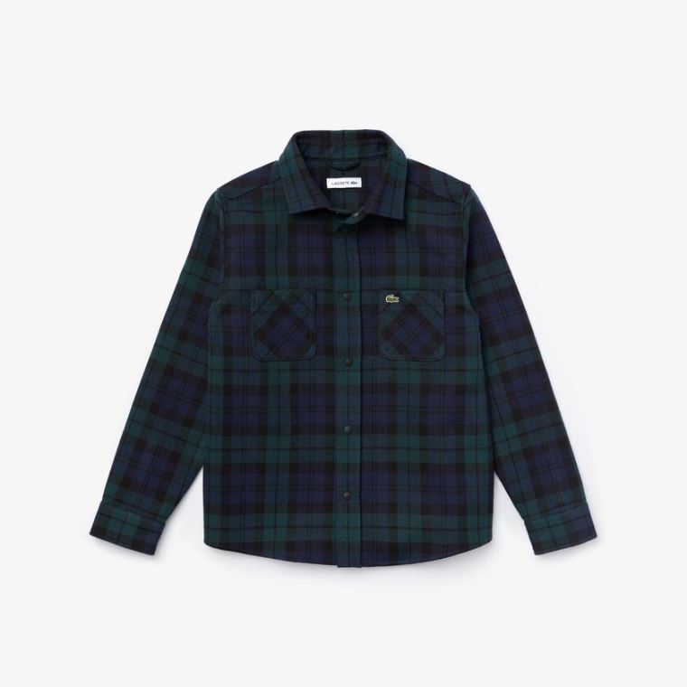 Lacoste Classic Fit Checked Pamut Flannel Shirt Sötétkék Kék Zöld | e4E49ubn