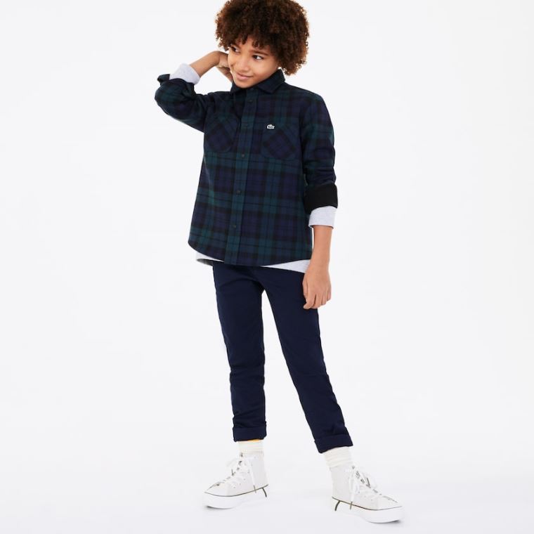 Lacoste Classic Fit Checked Pamut Flannel Shirt Sötétkék Kék Zöld | e4E49ubn