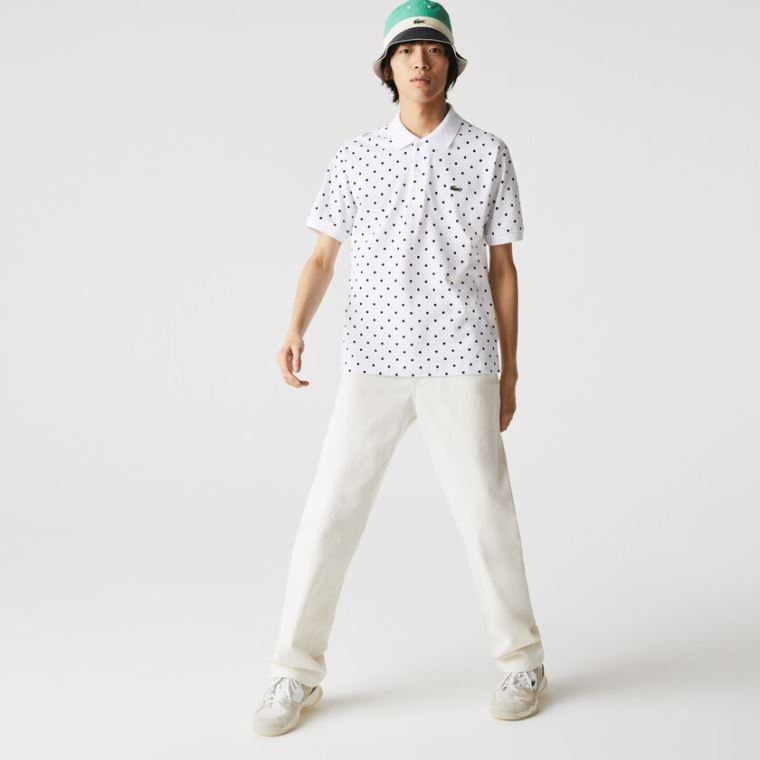 Lacoste Classic Fit Polka Dot Pamut Piqué Polo Fehér Sötétkék Kék | XK9Mj2qs