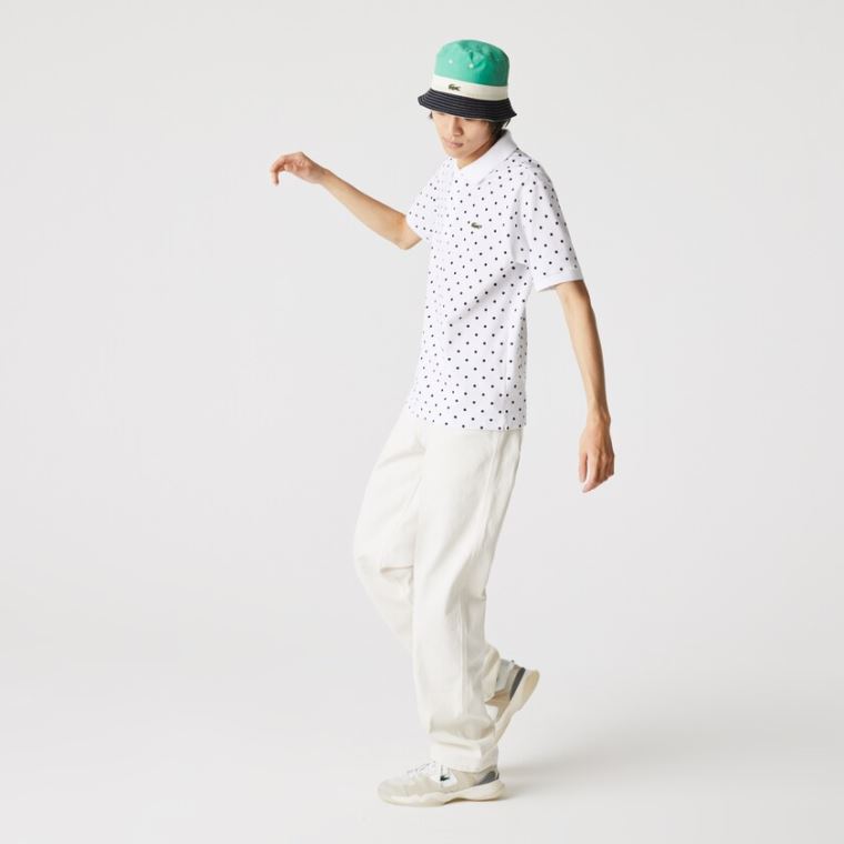 Lacoste Classic Fit Polka Dot Pamut Piqué Polo Fehér Sötétkék Kék | XK9Mj2qs