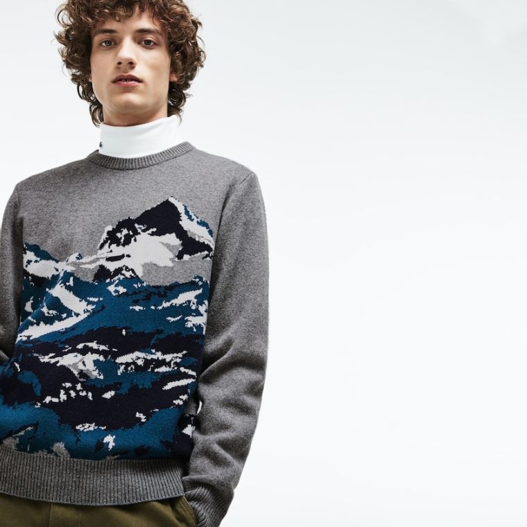 Lacoste Crew Neck Alpine Print Wool And Pamut Jacquard Pulóver Szürke Zöld Kék Fehér | PWlHB9ta