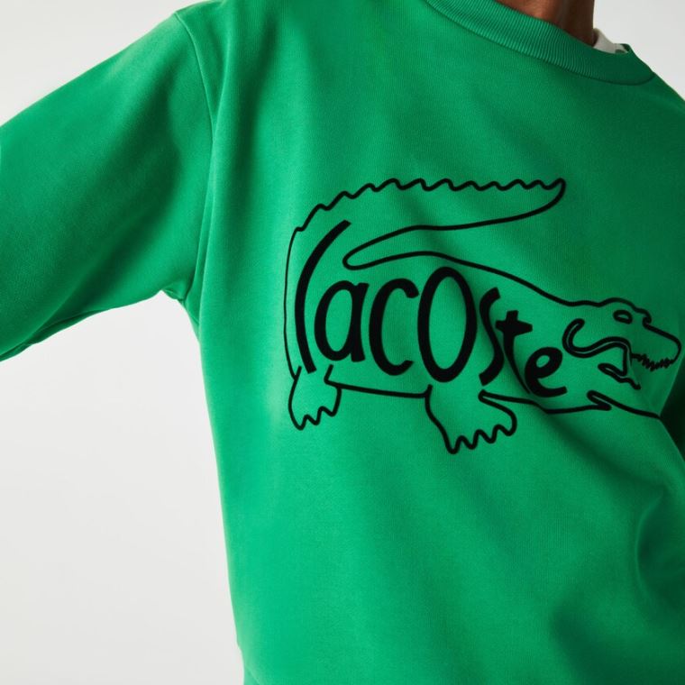 Lacoste Crew Neck Crocodile Print Pamut Fleece Sweatshirt Zöld | xRbV5MOS