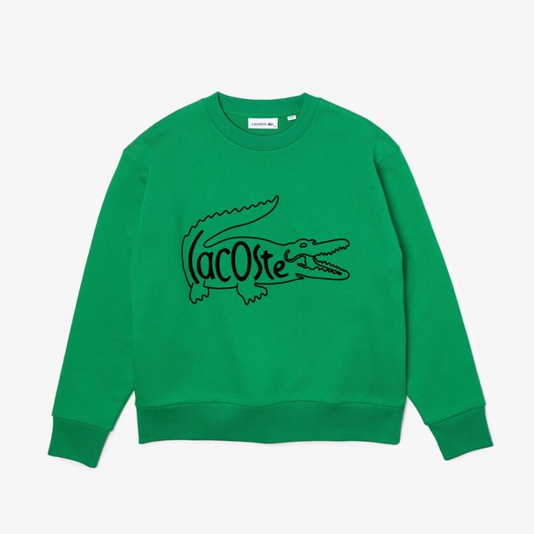 Lacoste Crew Neck Crocodile Print Pamut Fleece Sweatshirt Zöld | xRbV5MOS